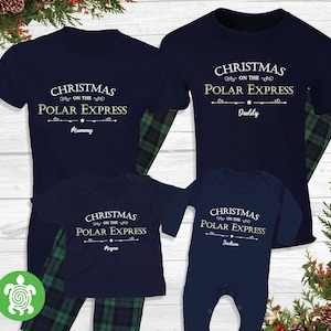 Polar Express Navy Matching Green Tartan Family Personalised Christmas PJ'S Set Baby Toddler | Mum Dad | Men Women Xmas Eve Nightware