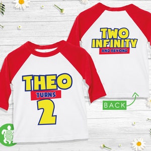 Two Infinity and Beyond Movie Themed Birthday Boy Girl Party White T-shirt Personalised 2nd Birthday design Front and Back