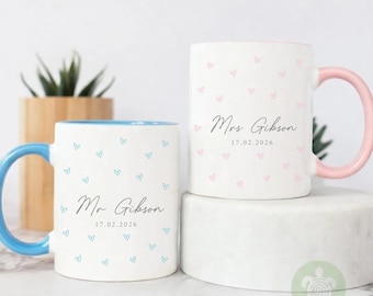 Personalised Mr & Mrs Heart Wedding Mugs, Couple Coffee Tea Mug, Wedding or Anniversary Mug, Bride and Groom Mug Set, Wedding Coaster Set