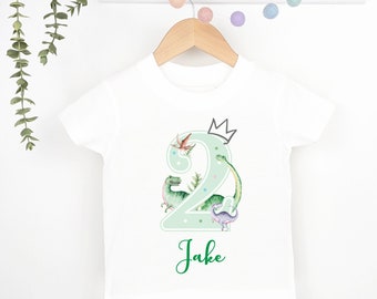 Watercolour Dinosaur Birthday Boy Green Party T-shirt Top, Personalised 1st 2nd 3rd design with Forest Green Print Children's Clothing