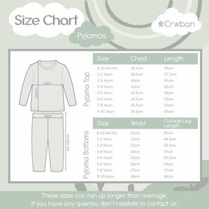 May include: A size chart for children's pyjamas, detailing chest, length, waist, and outside leg measurements in centimetres. Sizes range from 6-12 months to 9-10 years. The image includes a diagram of the pyjama top and bottoms, illustrating measurement points.