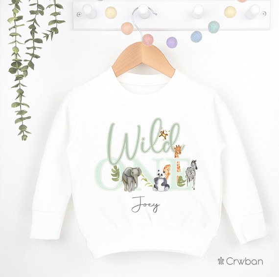 Wild One Green Safari Jungle theme 1st Birthday Party Sweatshirt, Personalised First Birthday design Childs Jumper T-shirt Baby Boy Girl