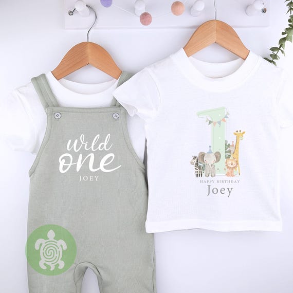 Wild One Personalised Embroidered Birthday Sage Fleece Dungarees, 1st Party Outfit with Grey Print, Childs Clothing, Birthday Outfit