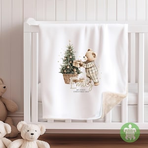 Personalised Christmas Beige Teddy with Gifts Soft Fleece Blanket, First Christmas, Baby&#39;s 1st Blanket, Custom Blanket, Christmas Blanket