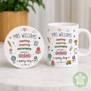 May include: A white ceramic mug and a matching round coaster featuring the text "MRS WILLIAMS" and "teaching inspiring encouraging making a DIFFERENCE every day" surrounded by colorful illustrations of a pencil, globe, apple, and school bus.