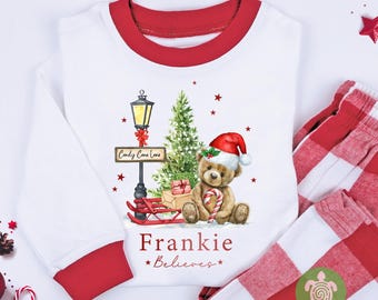 Luxury Red Teddy Believes Candy Lane Christmas Outfit, Festive Pattern, Personalised Clothing Set, Tight-fitting style, Christmas Eve Box