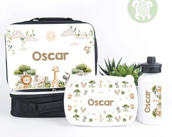 Personalised Safari Lunch Bag, Snack Box & Water Bottle Set - Kids Lunch Bag - Boys Lunch Box - Kids Water Bottles - Boys back to school