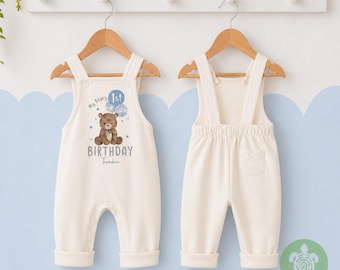 Personalised Blue My Beary 1st Birthday Oat Fleece Dungarees, First Party Outfit with Brown Print, Childs Clothing, Birthday Outfit, Bear