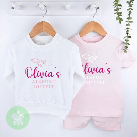 Personalised Pink Airport Outfit Cotton Shorts Set, Any Age, Children's Summer Outfit, Summer T-shirt Kids, Babies First Holiday, Sweatshirt
