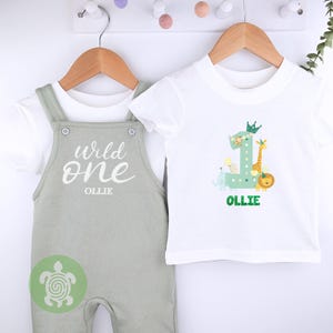 Wild One Personalised Embroidered Birthday Sage Fleece Dungarees, 1st Party Outfit with Grey Print, Childs Clothing, Birthday Outfit Animal Print