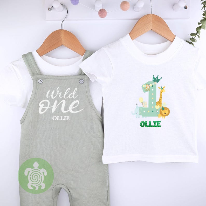 Wild One Personalised Embroidered Birthday Sage Fleece Dungarees, 1st Party Outfit with Grey Print, Childs Clothing, Birthday Outfit Animal Print