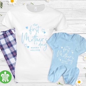 Personalised Our First Mother&#39;s Day Matching Set Pyjamas Pj&#39;s Blue Romper Sleepsuit Mummy and Baby First Time Mum Gift