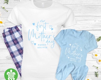 Personalised Our First Mother's Day Matching Set Pyjamas Pj's Blue Romper Sleepsuit Mummy and Baby First Time Mum Gift