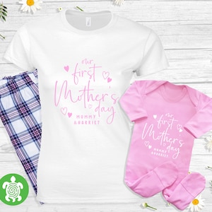 Personalised Our First Mother&#39;s Day Matching Set Pyjamas Pj&#39;s Pink Romper Sleepsuit Mummy and Baby First Time Mum Gift