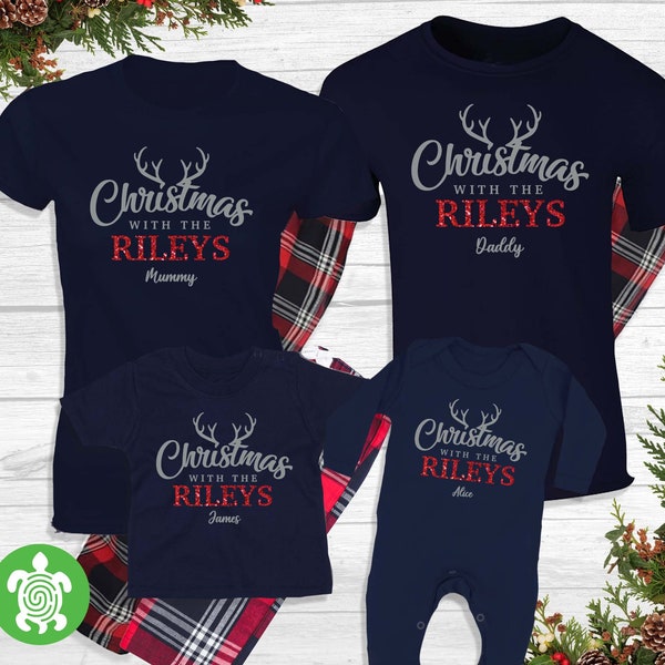 Red Tartan Family Personalised Christmas With The... Matching Red, Navy PJ'S Set Reindeer Antlers Newborn | Toddler | Mum Dad | Men Women