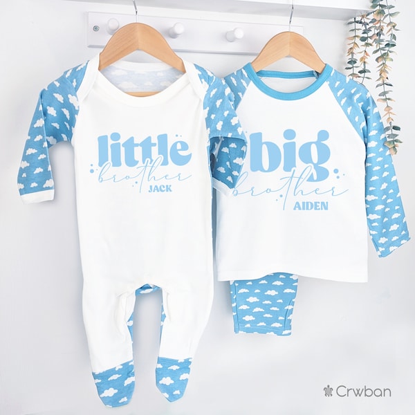 Matching Cloud Pattern Big and Little Brother Personalised Announcement Pyjama's Pj's Sleepsuit Romper Matching Gift