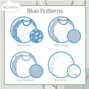 May include: An image showcasing four white and blue raglan shirts with different blue patterns: cloud, stripe, baseball, and stars. The text "Blue Patterns" is at the top, with the brand name "Crwban" in the upper left corner.