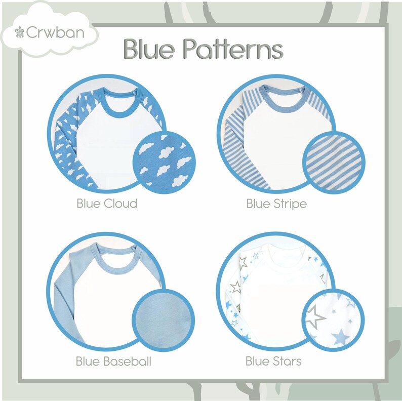 May include: An image showcasing four white and blue raglan shirts with different blue patterns: cloud, stripe, baseball, and stars. The text "Blue Patterns" is at the top, with the brand name "Crwban" in the upper left corner.