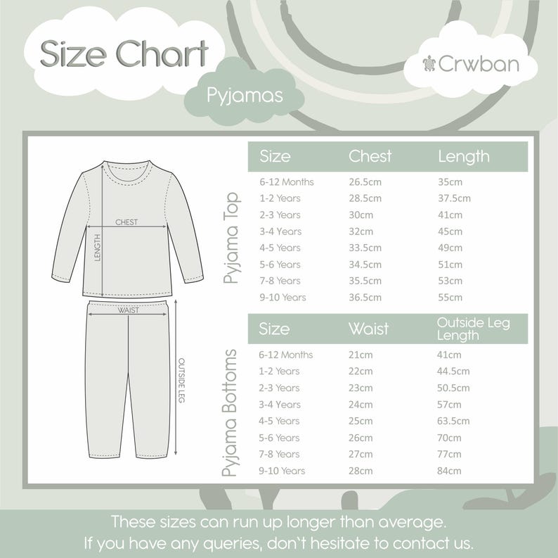 May include: A size chart for children's pajamas, featuring a top and bottom set illustration. The chart includes measurements for chest, length, waist, and outside leg length in centimeters, ranging from 6-12 months to 9-10 years.