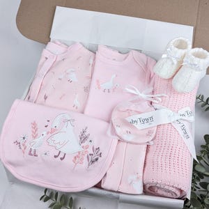 May include: A baby gift set in a box containing a pink long-sleeve onesie, a pink footed sleeper, a pink bib with an embroidered swan and gosling, a pair of white knit booties, and a pink cellular blanket tied with a BabyTown branded ribbon.