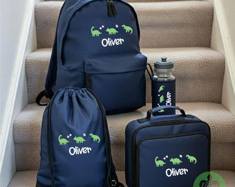 Personalised Dinosaur Back to School Essential Child's Blue Rucksack with Name| Lunch box | Water bottle | Pencil Case | PE | for Kids