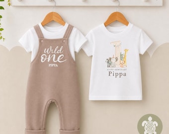 Safari Wild One Personalised Embroidered Birthday Tan Fleece Dungarees, 1st Party Outfit with Brown Print, Childs Clothing, Birthday Outfit