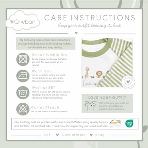 May include: A care instruction card for a Crwban clothing set featuring a white shirt with green striped sleeves and a giraffe and lion graphic. The text includes washing guidelines, OEKO-TEX certification, and the phrase I wake up.