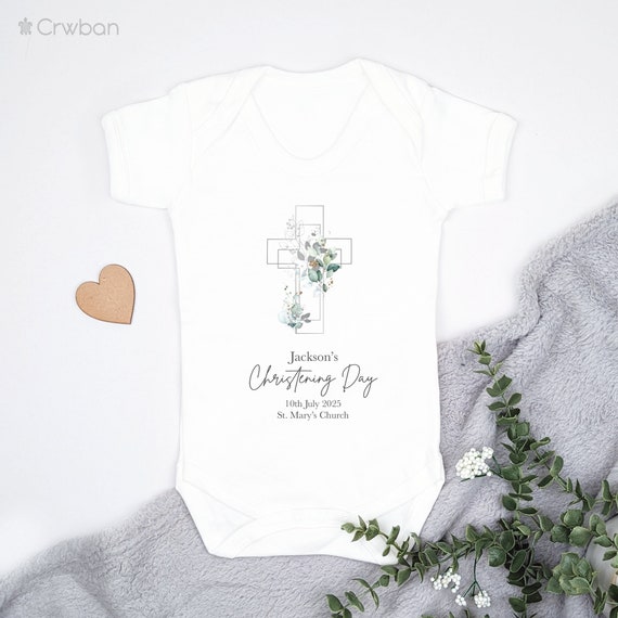 Tenue de bapteme personnalisee pour bebe feuille verte avec croix argentee cadeaux pour le bapteme pyjama bebe garcon fille gilet nouveau ne Etsy Canada