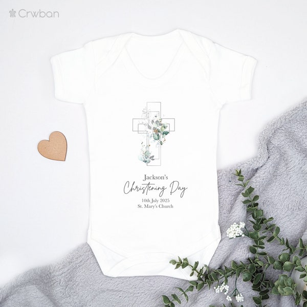 Personalised Baby Christening Outfit, Green Leaf with Silver Cross Baptism Naming Day gifts Baby Boy Girl Sleepsuit Bodysuit Vest Newborn