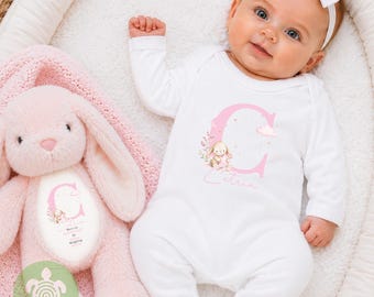Conjunto de regalo personalizado de conejitos y nubes para bebé niña, pijama personalizado para bebé, regalos para recién nacidos, conjunto "Hola mundo", anuncio del nombre del bebé