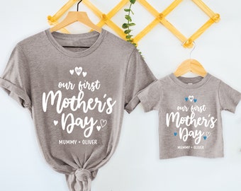 Personalised Our First Mother's Day Mummy + Baby Toddler Girl Boy Heather Grey T-shirt Matching Mum Mam Gift Set Heart Glitter Print