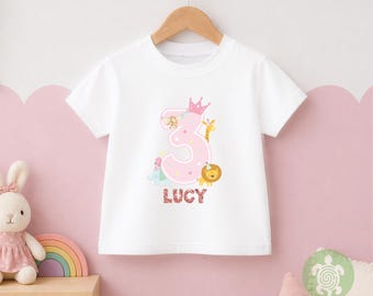 1st 2nd 3rd Birthday Girl Animal Theme Party T-shirt, Personalised First Second Birthday design with Rose Gold Glitter Print Any Age