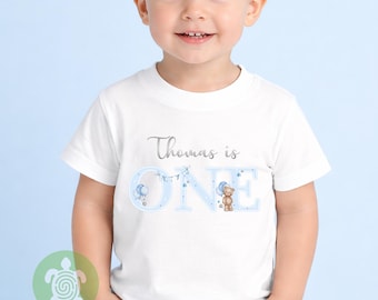 May include: White t-shirt with the text "Thomas is ONE" in light blue and gray. The "O" is a balloon, and the "E" has a teddy bear. The shirt is worn by a young child.