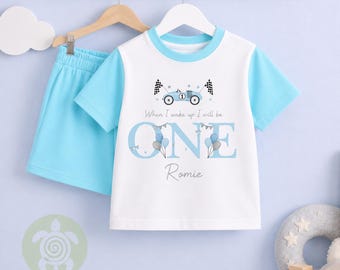 Personalised Blue Themed Any Age Birthday Boys Shorts & T-shirt Set, Birthday Morning Set, Cotton Clothing Set, Tight-fitting style
