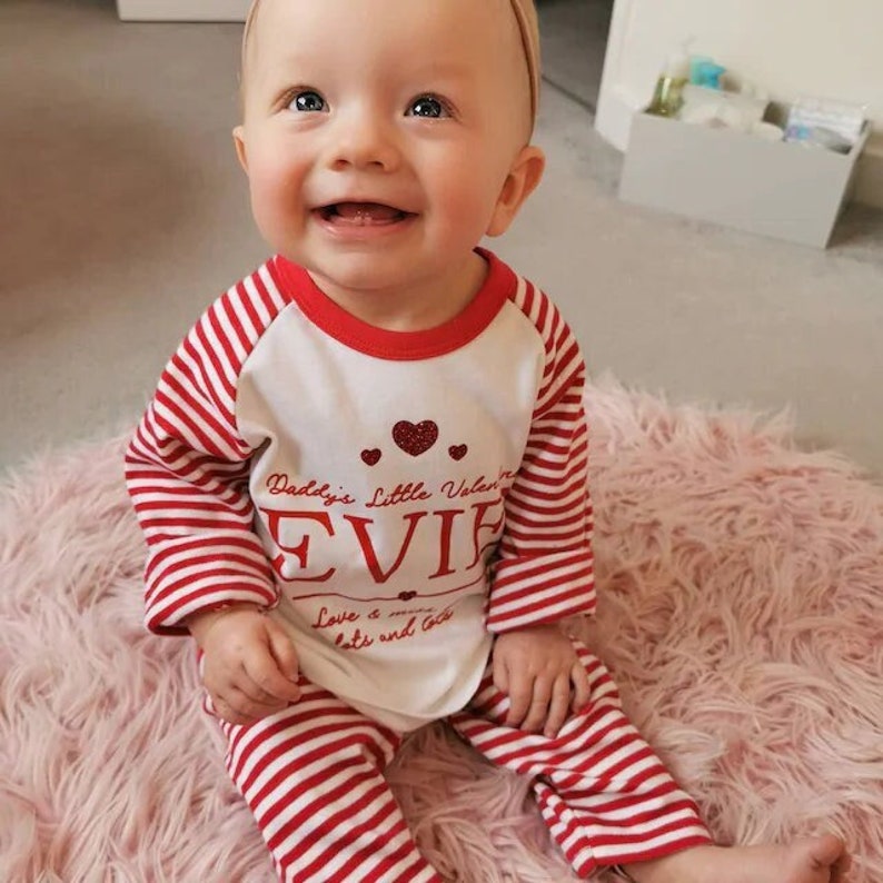 Our Little Valentine Personalised Glitter Red/ White Stripe PJ'S Baby Children Toddler Family Love Set Pyjama's image 1