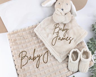 Embroidered Neutral Bunny Comforter Blanket Gift Set | Baby Shower Gift | Baby Booties | Baby Gift | Newborn Girl Boy | Newborn Baby Gift
