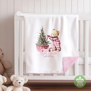 Personalised Christmas Pink Teddy with Gifts Soft Fleece Blanket, First Christmas, Baby&#39;s 1st Blanket, Custom Blanket, Christmas Blanket