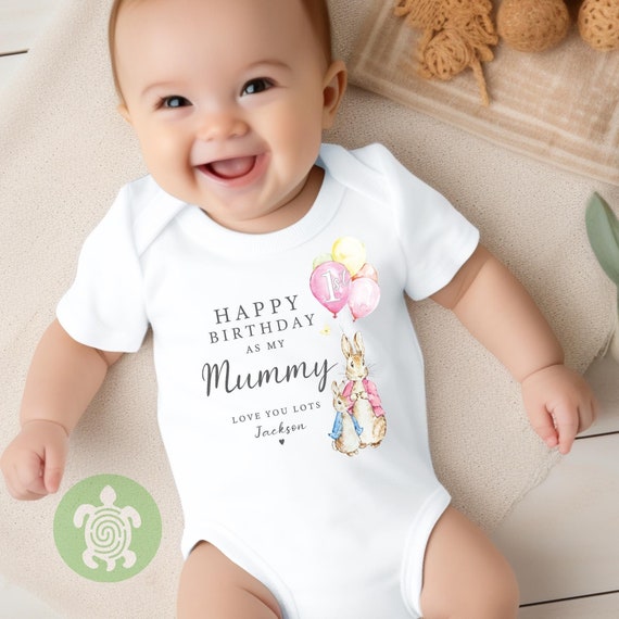 Bunny Happy 1st Birthday as my Mummy Love you Lots Baby Bodysuit Babygrow,  Personalised Pink Blue Option, First Birthday Mum Gift