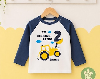 Digger Themed Birthday Party Top |  Personalised Birthday Gift| White or Long Sleeve Baseball T-Shirt | Personalised Any Age Birthday Top