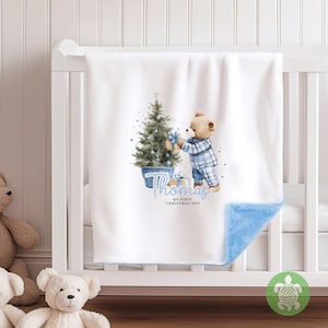 Personalised Christmas Blue Teddy with Gifts Soft Fleece Blanket, First Christmas, Baby&#39;s 1st Blanket, Custom Blanket, Christmas Blanket