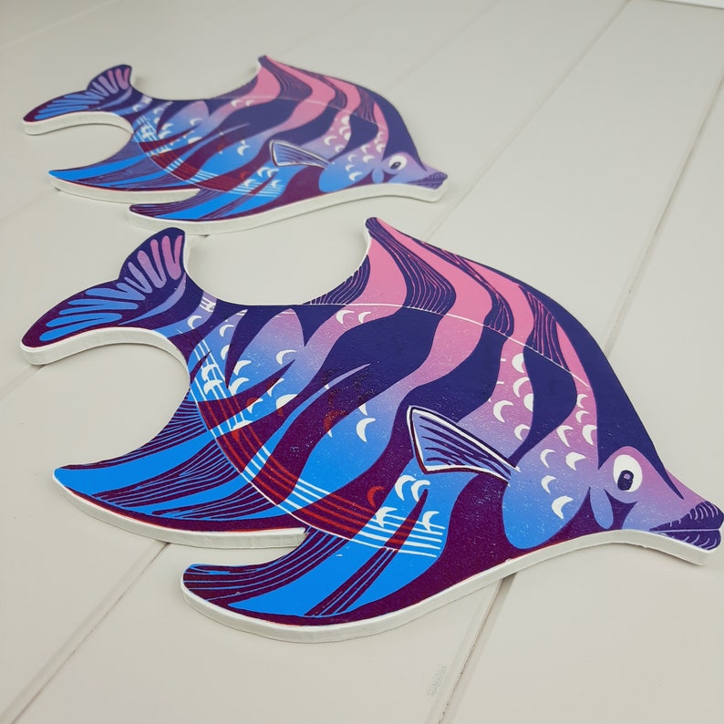 Angel fish wall art linocut print mounted onto wood