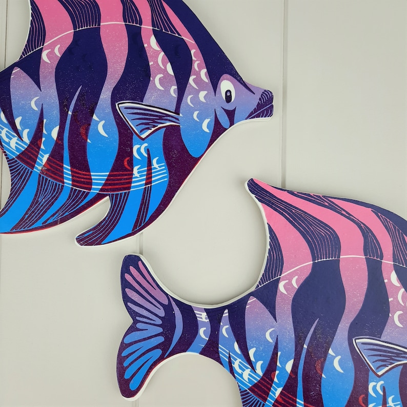 Angel fish wall art linocut print mounted onto wood