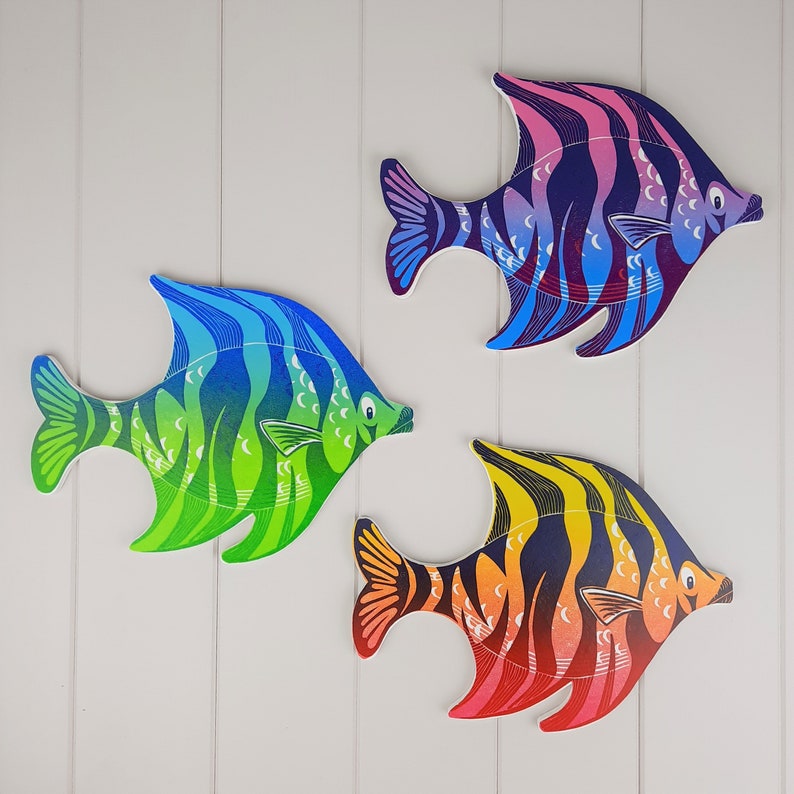 Angel fish wall art linocut print mounted onto wood