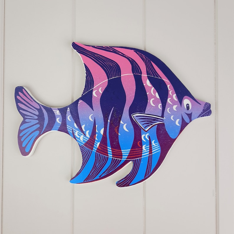 Angel fish wall art linocut print mounted onto wood