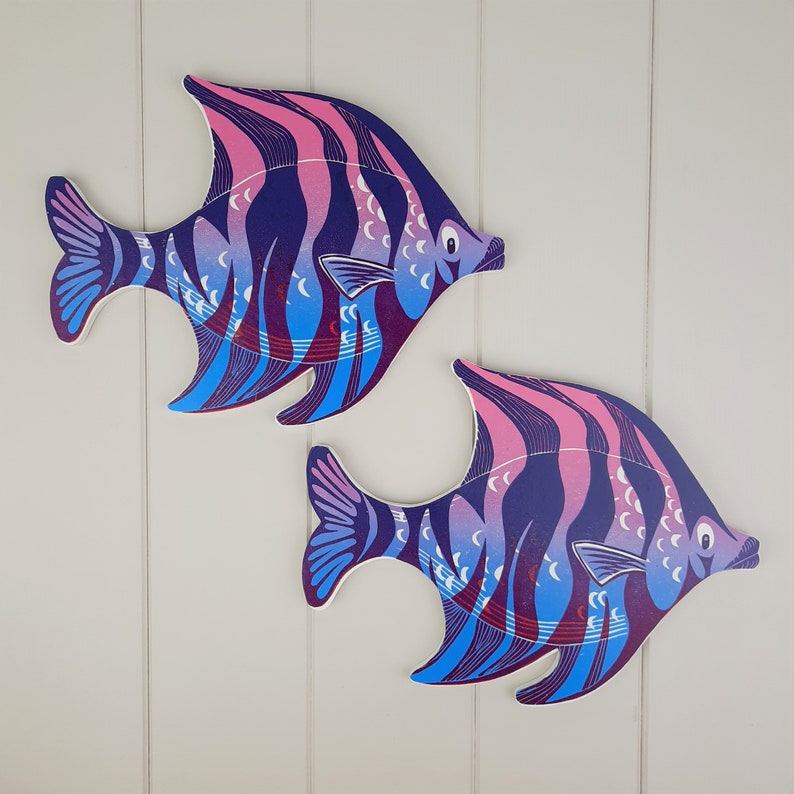 Angel fish wall art linocut print mounted onto wood