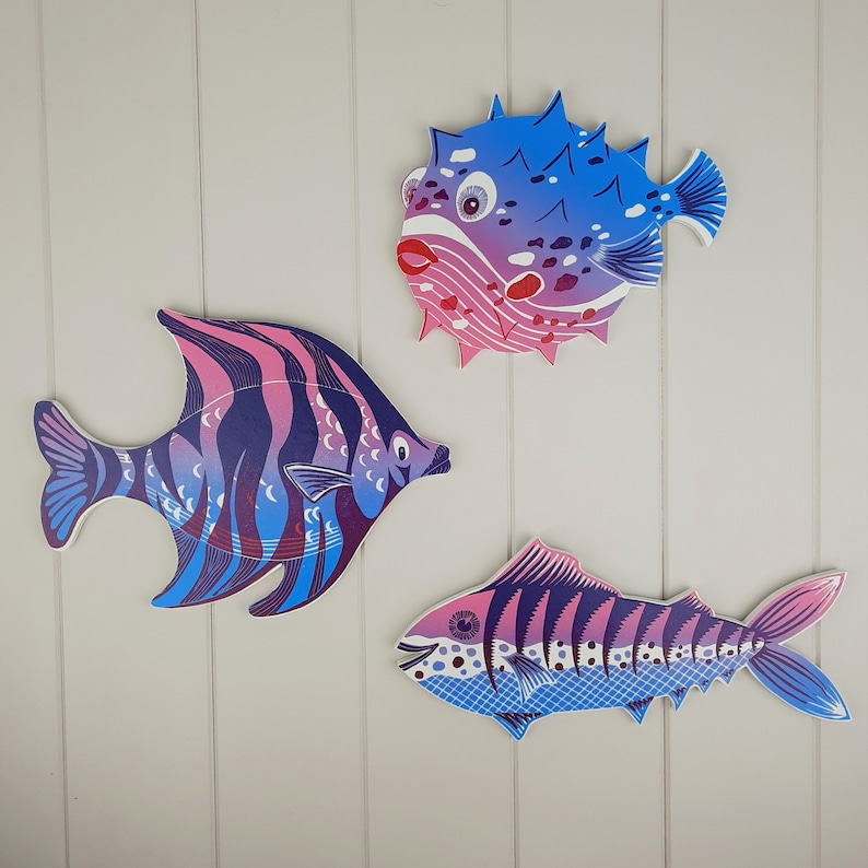 Angel fish wall art linocut print mounted onto wood