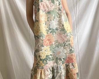 Reworked Floral Ruffle Dress; Upcyled Embroidered Summer Dress