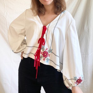 One of A Kind Embroidered Blouse; Oversized Tie Front Top; Reworked Blouse