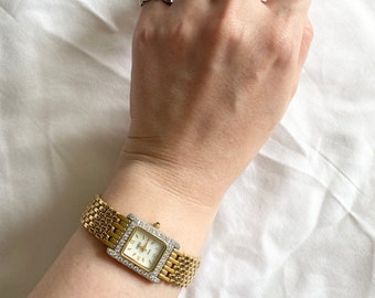 Vintage Rectangular Watch; Dainty Stone Watch