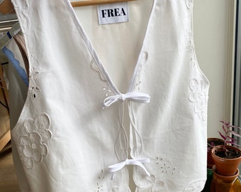 Reworked White Vest Top; Cotton Embroidered Blouse